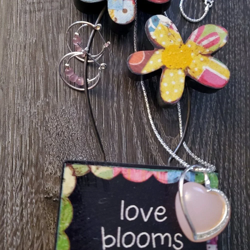Silver tone Pink Heart Necklace and Hoop Earrings